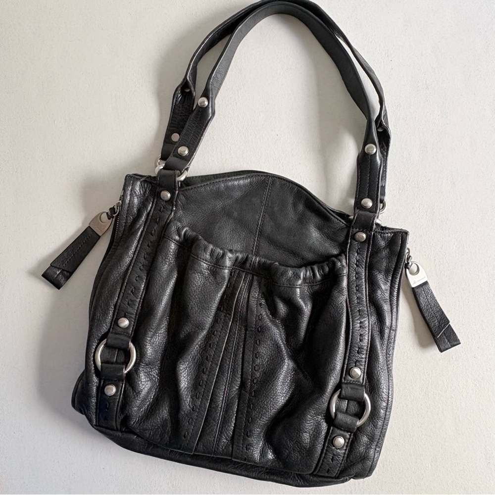 B Makowsky Black Soft Leather Hobo Shoulder Bag Purse Leopard Print Interior